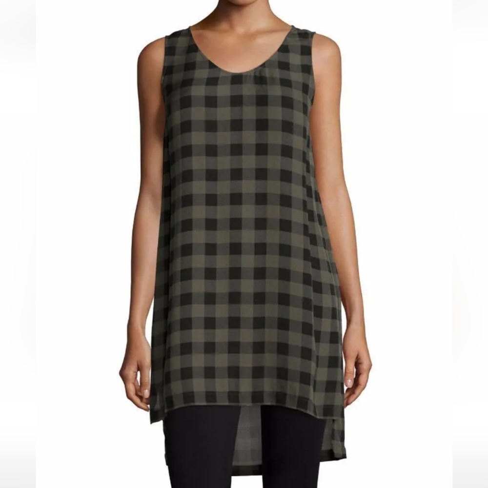 Eileen Fisher tunic top 100% silk Buffalo plaid